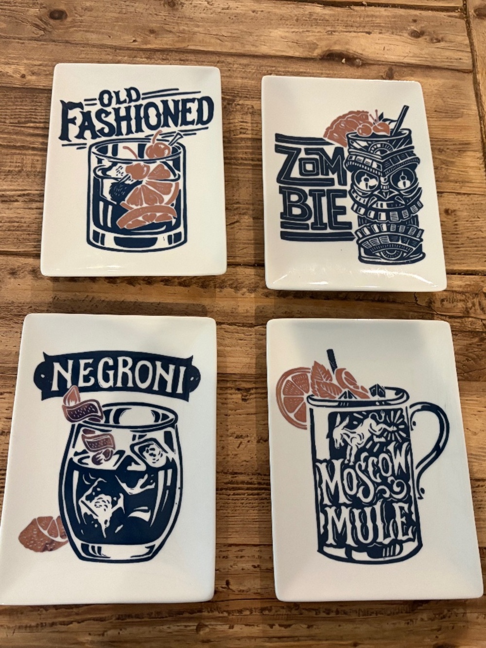 Crate & Barrel PLATES SET 4 MOSCOW MULE OLD FASHIONED ZOMBIE RECTANGLE 5 X 7